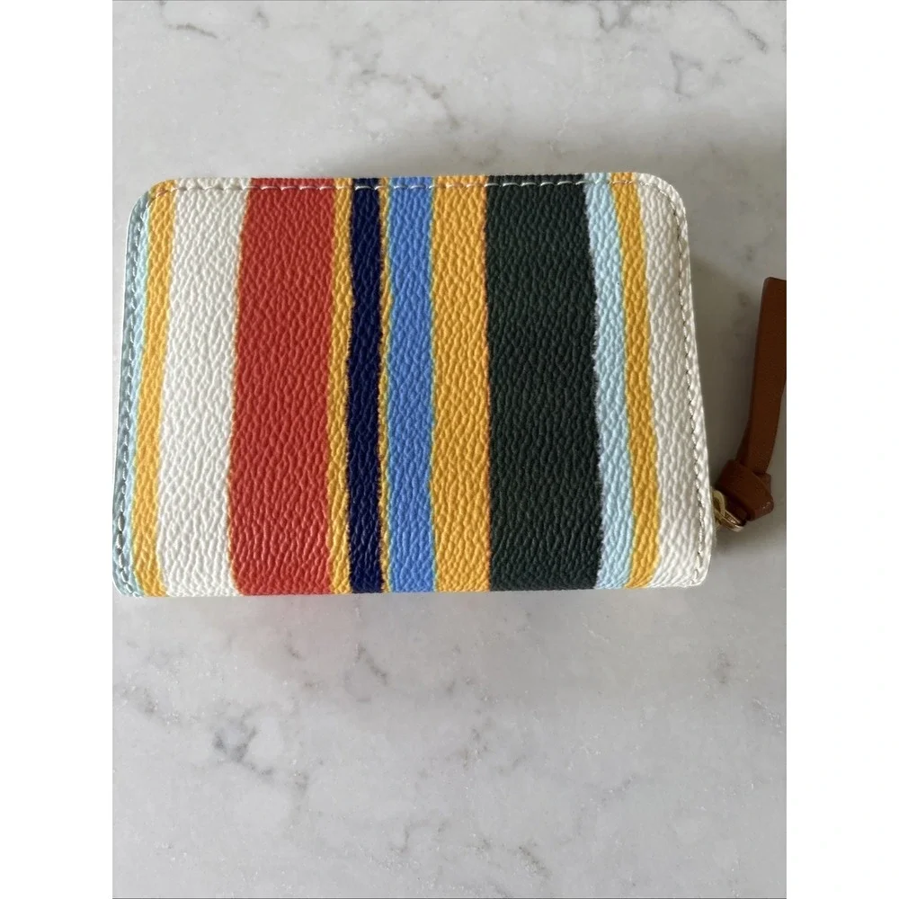 Tory Burch Kerrington Zip Coin Case Balloon Stripe Pattern Logo Rainbow